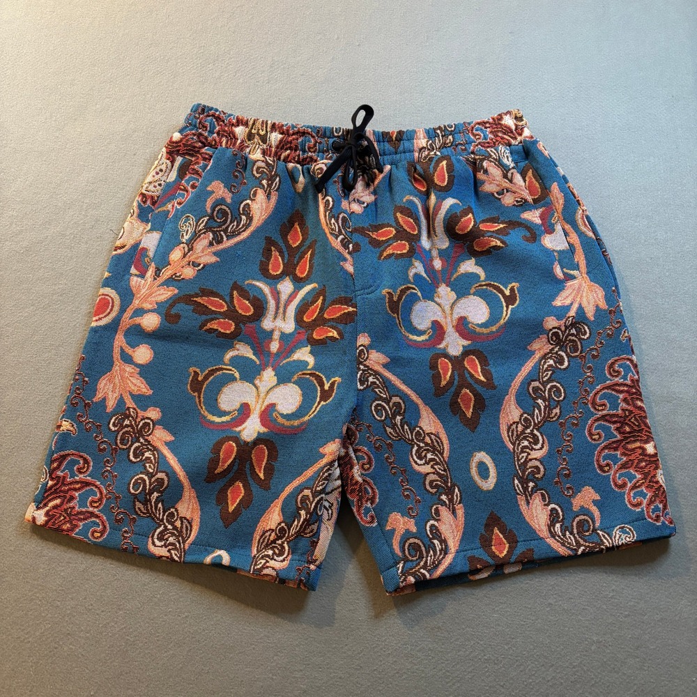 Reason Tapestry Shorts Mens L Blue Paisley Damask Woven Drawstring Streetwear